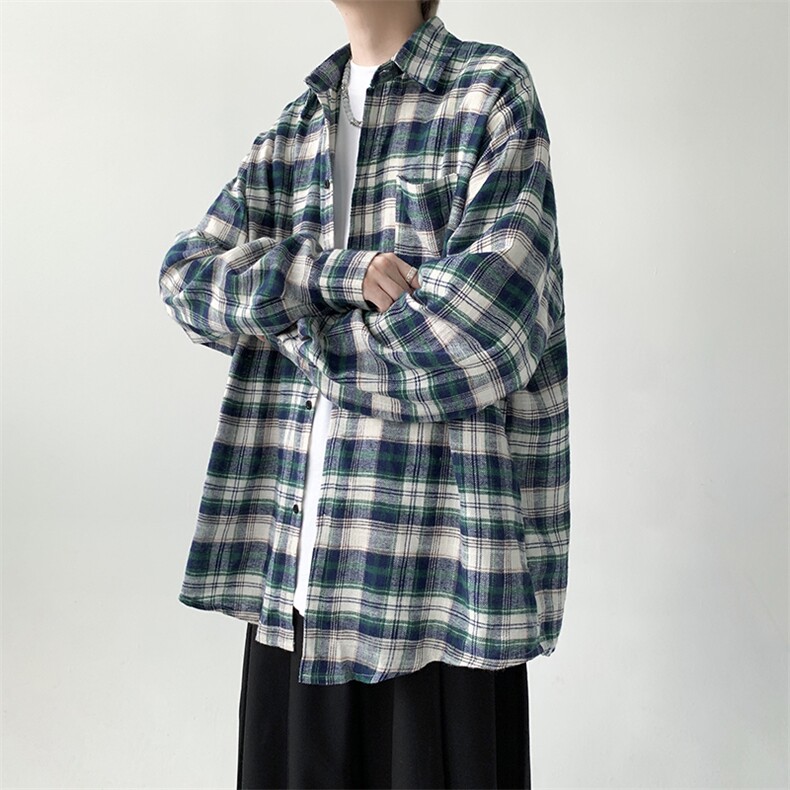 现货港风宽松男生格子长袖衬衫KD611-P4568,男装衬衫,电商D312-1