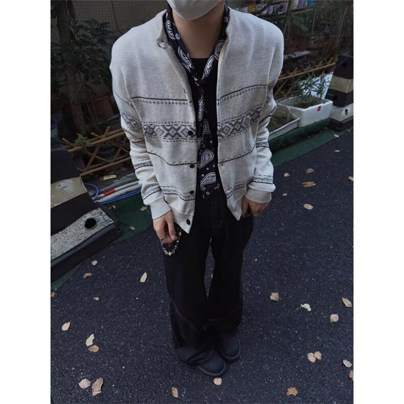 2025新款学院风开衫针织衫慵懒宽松上衣圆领提花毛衣男女图片