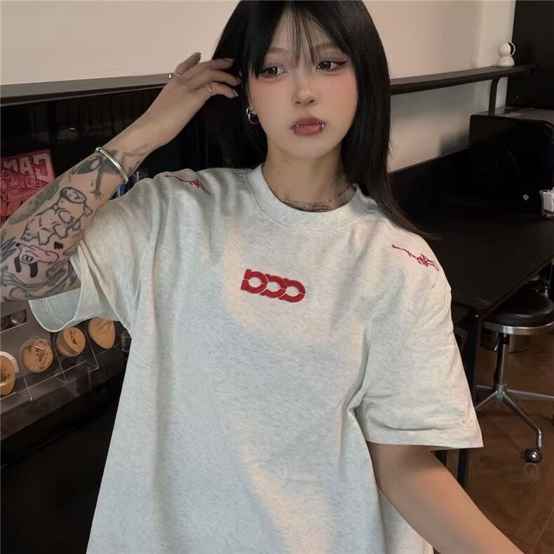 美式潮牌纯棉白灰色短袖T恤女2026新款夏季宽松小众半袖正肩上衣,男装T恤,星座506A
