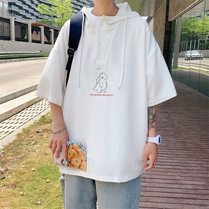 LD54140-P45 连帽短袖t恤男大码胖子带帽五分袖中袖图片