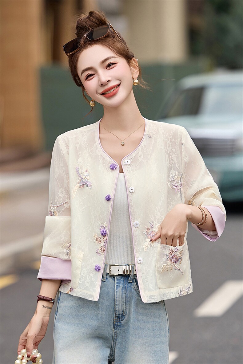 2025春夏季新款紫色薄款刺绣网纱蕾丝防晒衣女新中式国风短款外套,女装短外套,依如秀(原杭风阁)