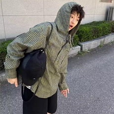 J536复古新款格纹纽扣连帽卫衣男女高级感美式格子拼接套头上衣，男装卫衣，星座308A-1（原309B-1）