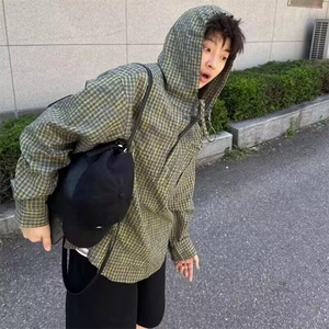 J536复古新款格纹纽扣连帽卫衣男女高级感美式格子拼接套头上衣图片