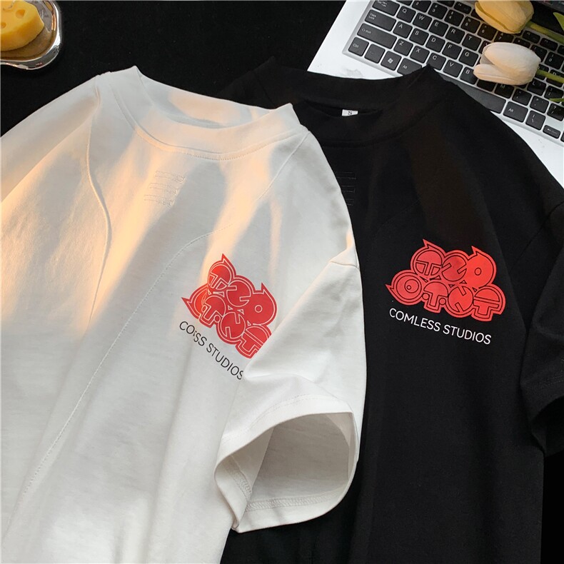中性暖光平铺宽罗口圆领V字拼接T恤短五分半袖打底衫XT23-P40控59,男装T恤,星座216(原A116)