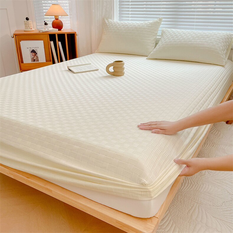 新款A类抗菌华夫格提花色织防水床笠，床单，一起卖家纺