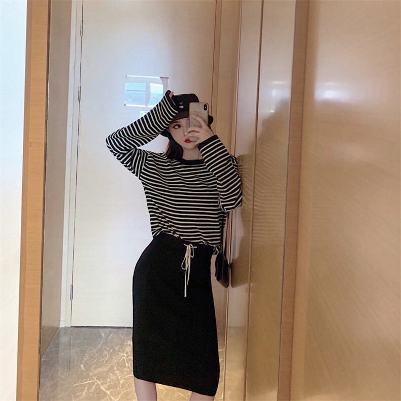 网红时尚新款条纹针织套装长袖T恤衫两件套,女装套装/套裙,潮品会