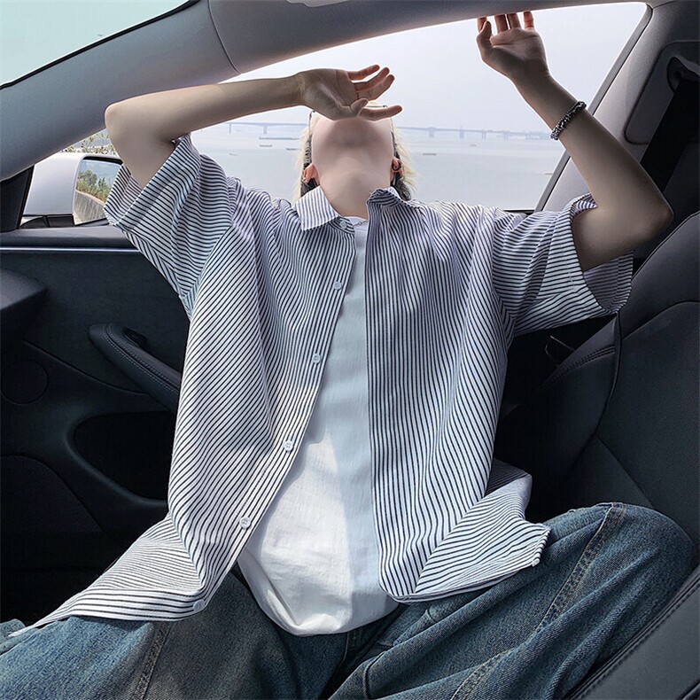 蓝色竖条纹衬衫男款短袖夏季青少年痞帅七分袖高级感衬衣开衫外套,男装衬衫,电商B221