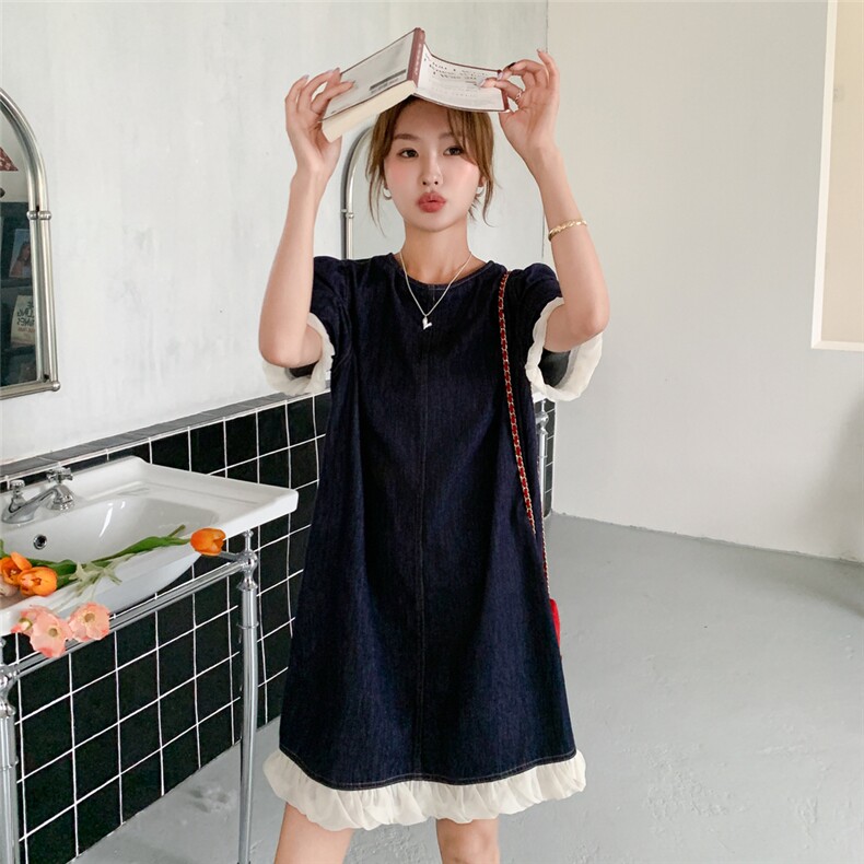 深蓝色复古牛仔连衣裙女2025年夏季新款韩版小个子花边拼接A字裙,女装连衣裙,2C053