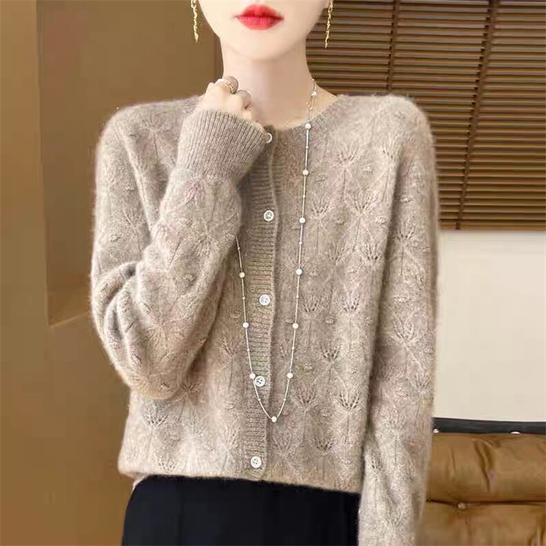 潮流羊毛25秋女圆领镂空提花长袖显瘦立体鼓包宽松法式设计上衣,针织衫/毛衣,昂家羊绒
