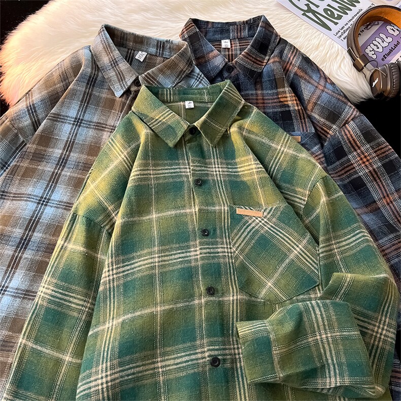 衬衫男春季新款港风宽松大码磨毛格子长袖衬衣CS618-P35，男装衬衫，星座214-3