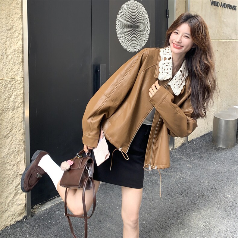 设计感洋气蕾丝领收腰宽松休闲百搭短款夹克女春秋翻领PU皮外套,女装短外套,2C166