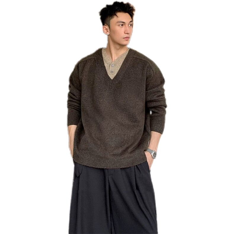 网图-假两件v领针织毛衣男xh167-特p50,男装针织衫/毛衣,电商B367