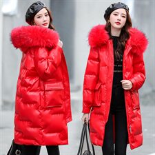 2021亮皮中长款修身加厚通勤拉链连帽纯色气质大毛领时尚潮棉衣，女装棉衣/棉服，艾仟回(原伊仟回)