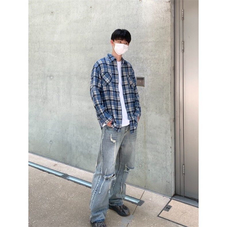 网图春季蓝色格子衬衫复古休闲长袖外套男女衬衣A025-BC6008-P33,男装衬衫,电商A025