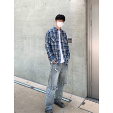 网图春季蓝色格子衬衫复古休闲长袖外套男女衬衣A025-BC6008-P33，男装衬衫，电商A025