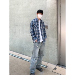 网图春季蓝色格子衬衫复古休闲长袖外套男女衬衣 A025-BC6008-P33图片