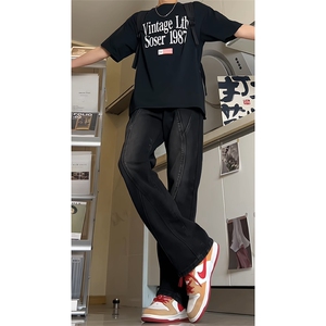 美式复古设计感牛仔裤男女宽松vibe阔腿水洗做旧休闲裤31266-p48图片