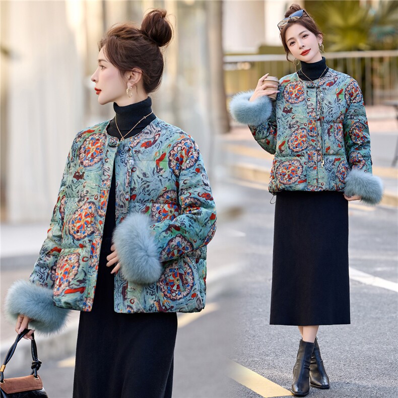 新中式提花真狐狸毛短款羽绒服女2025年冬季时尚洋气外套90白鸭绒,女装羽绒服,润尚靓点