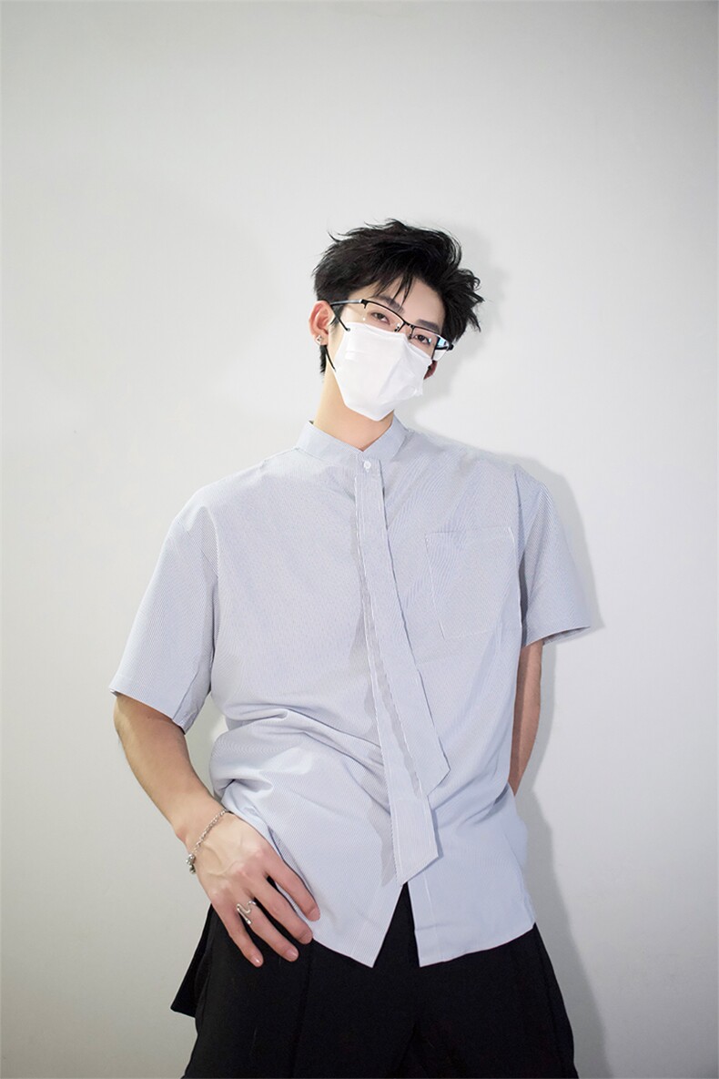 明星私服学院风条纹衬衫搭配可拆卸领带英伦风条纹打底衬衫P38,男装衬衫,电商B319