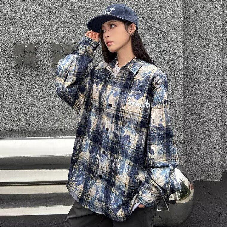 春秋季新品男女情侣重磅扎染工艺格子衬衫长袖宽松休闲复古百搭,男装衬衫,星座506A