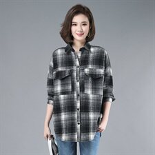 2021年春季排多扣格子衬衫POLO领通勤韩版宽松磨毛衬衣，女装衬衫，伊满意