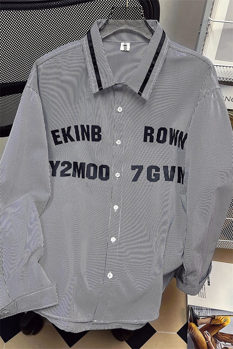 1中性风条纹衬衫女大码M-5XL日系港风情侣长袖衬衫男CCS8018P45,男装衬衫,星座226-2