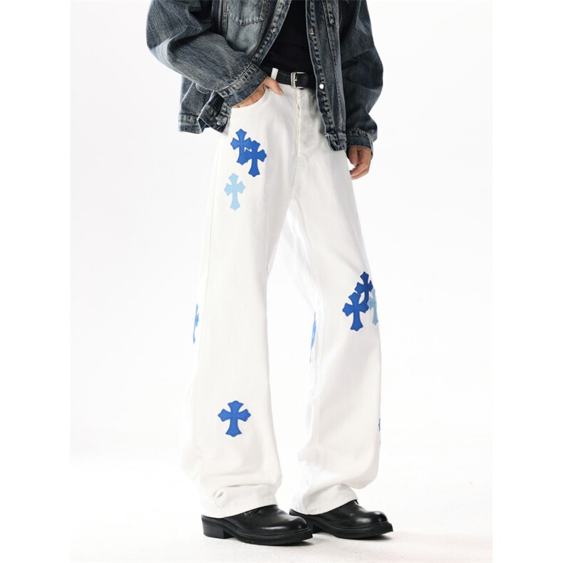 美式复古十字架贴皮设计牛仔裤潮流宽松休闲直筒裤，男装皮裤，星座410-6（原星座1304-1）