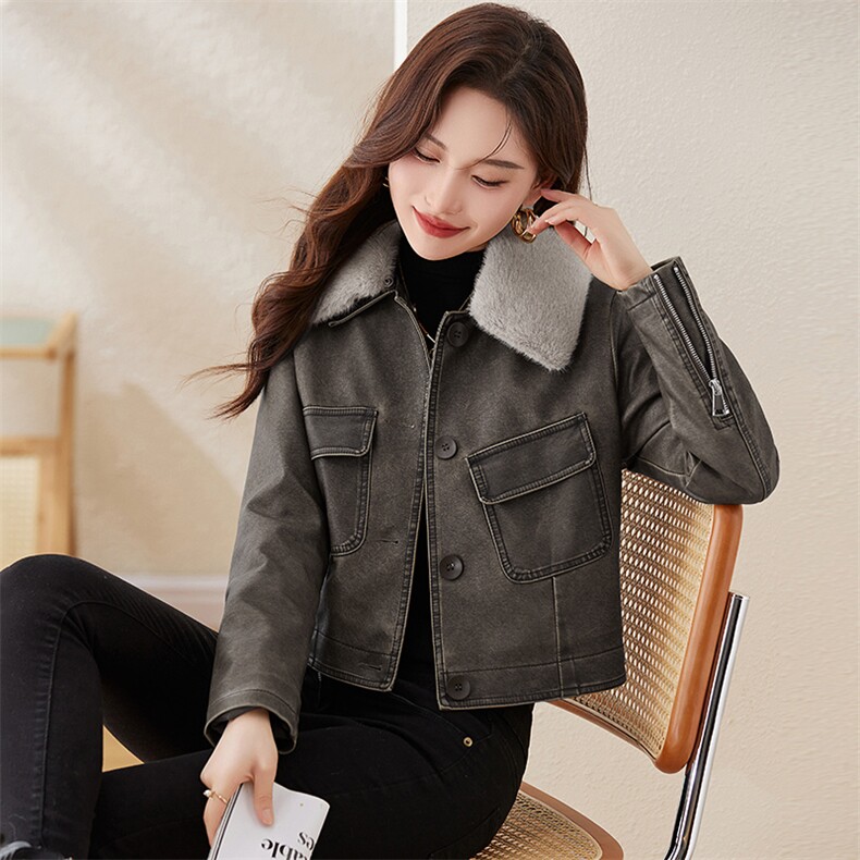 复古磨砂加绒小皮衣女修身短款2023冬季新款配毛领机车服pu皮夹克,女装棉衣/棉服,江南女神