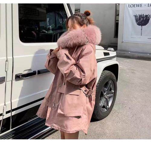 ZHG9282工装风亮晶晶抽绳真狐狸毛领内胆可拆卸皮草派克服，女装皮草，L·H·X