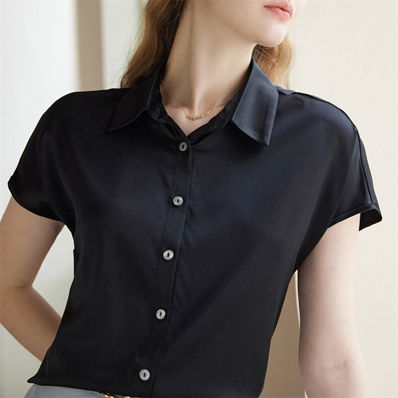 丝光尖领蝙蝠型H宽松版型气质休闲短袖衬衫，女装衬衫，澳冬特羊绒