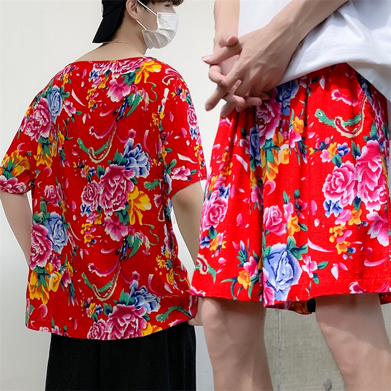 TZ2008男士夏季圆领短袖短裤人棉东北大花布透气凉爽套装大码男女,男装休闲套装,星座115A(原星座507）