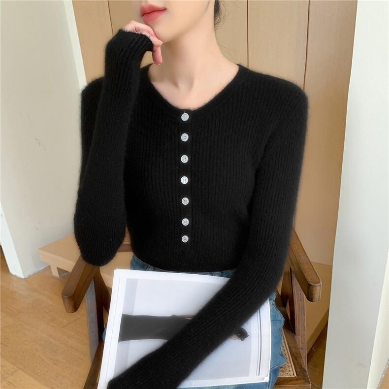 2025年秋季新款百搭女士12针抽条钉扣圆领,女装羊绒衫,百越羊绒