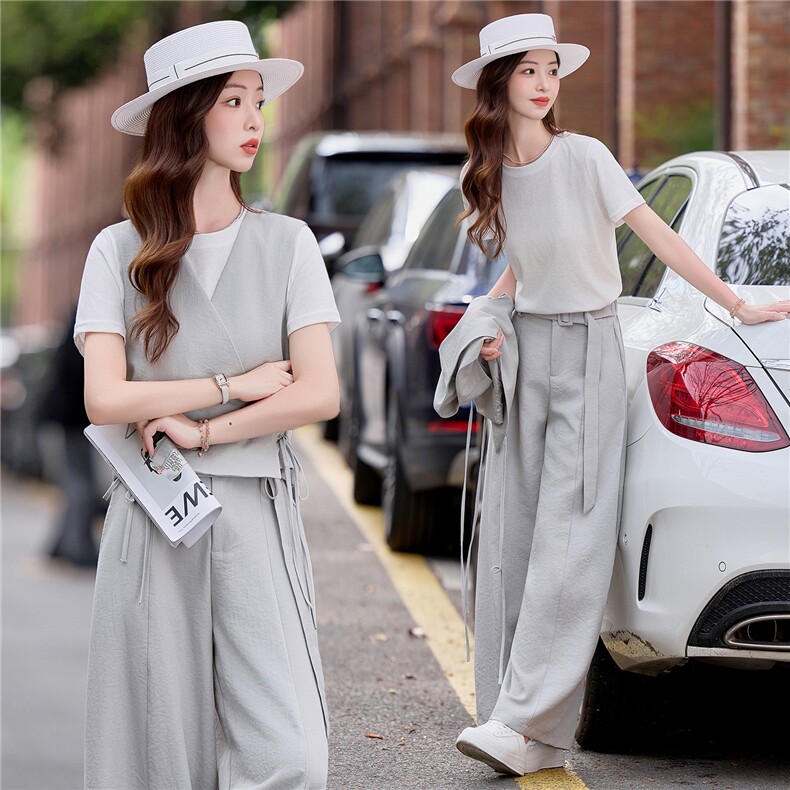 2026年夏季女短袖马甲老钱风阔腿裤麻料三件套裤，女装套装/套裙，贝蕾酷儿