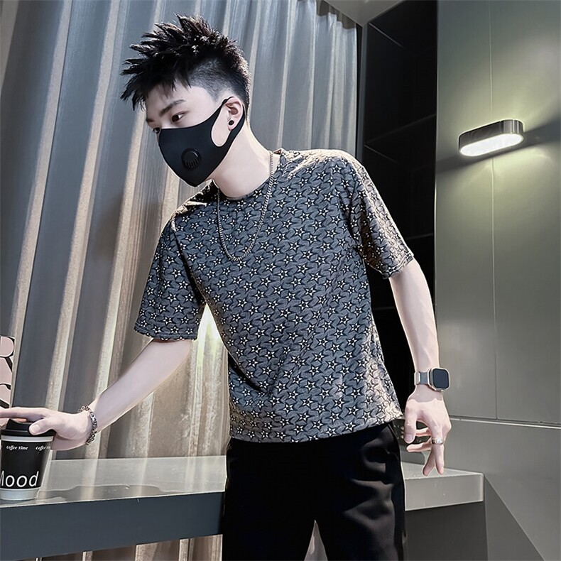 提花图案高级感短袖T恤男痞帅网红社会小伙301C-DT95-P48控68,男装T恤,星座301C（原B323）