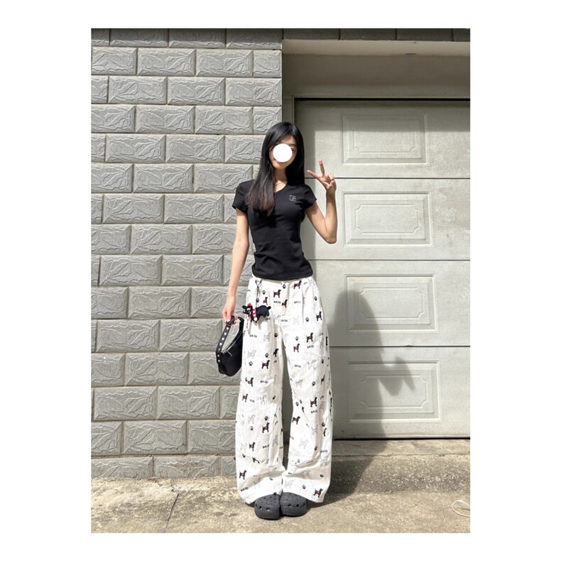 夏季新款美式复古小狗印花阔腿裤男女夏季显瘦垂感弯刀直筒裤,女装休闲裤,星座1210-1