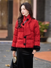 新中式guo风2025年冬季新年主推款配围巾可拆卸袖毛暗纹提花棉衣，女装棉衣/棉服，乐吉娜