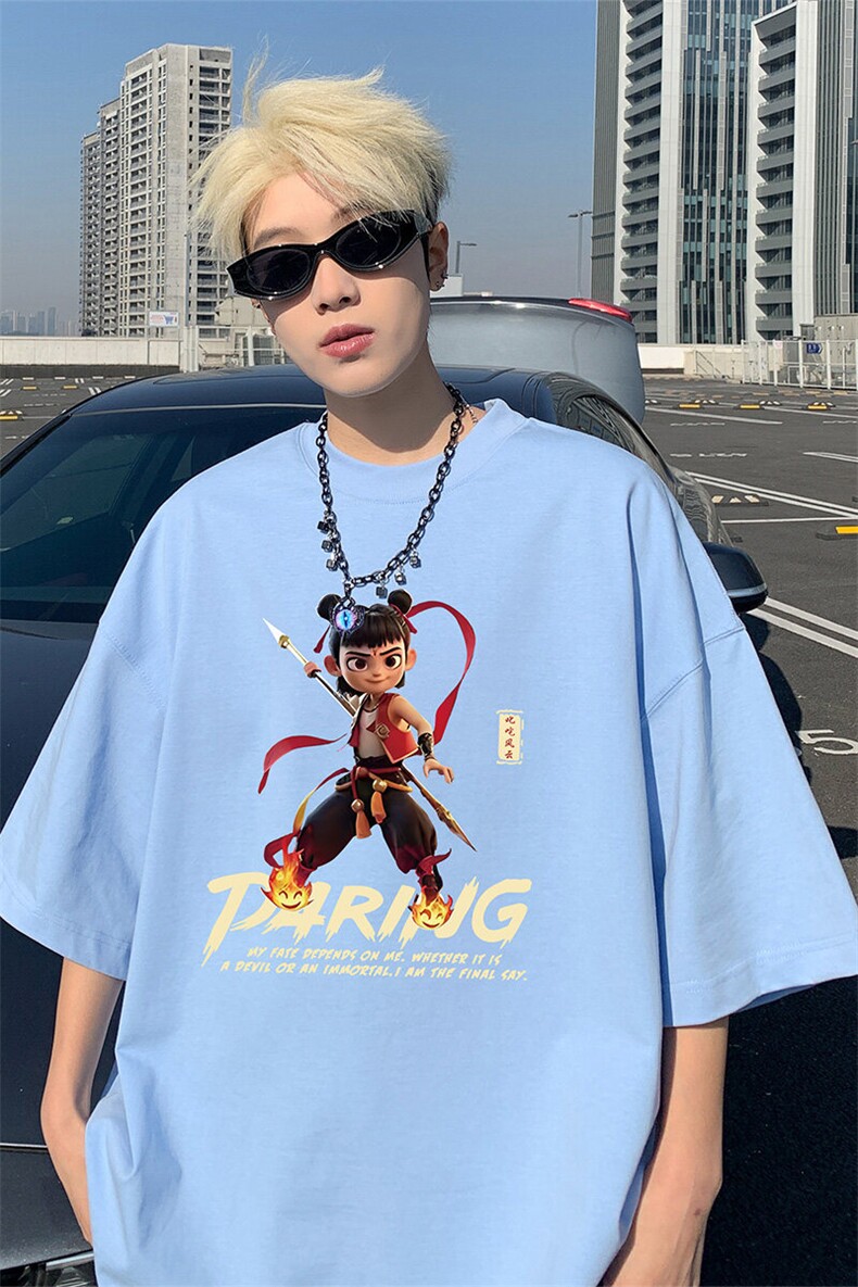 哪吒港风抖音直播宽松美式260克批28短袖220克纯棉T1825特P18,男装T恤,电商C408(原B339-1)