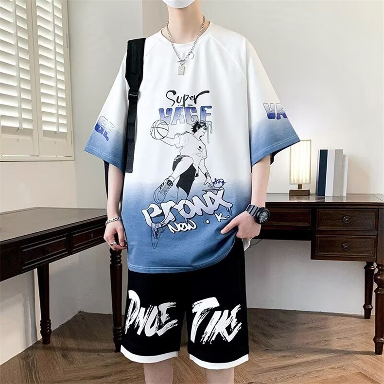 青少年夏季短袖套装潮牌宽松初高中学生男孩休闲运动短裤T恤一整,男装牛仔裤,星座1210-1