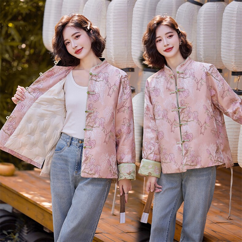 粉色新中式羽绒服女冬新款小个子复古盘扣刺绣白鸭绒外套,女装羽绒服,水衣源