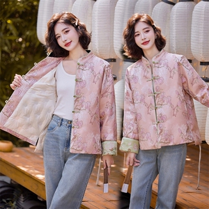 粉色新中式羽绒服女冬新款小个子复古盘扣刺绣白鸭绒外套图片