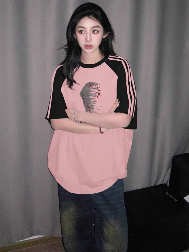 抖音得物品质二开240克宽松纯棉美式潮牌插肩三杠织带短袖T恤,男装T恤,电商A486