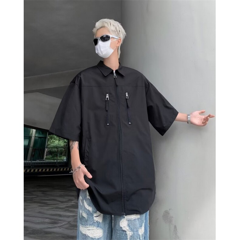 天蓝色鱼骨隐形垫肩短袖衬衫设计感高级cleanfit街头风半袖衬衣男,男装衬衫,星座1013