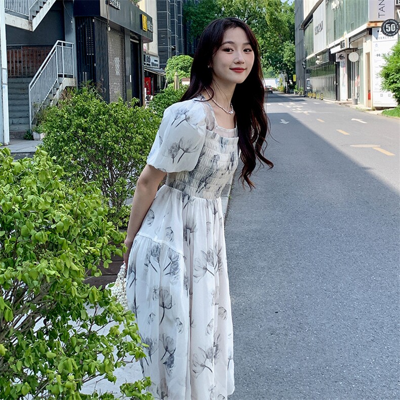 《现货新品》法式轻熟风泡泡袖水墨花连衣裙,女装连衣裙,MQ