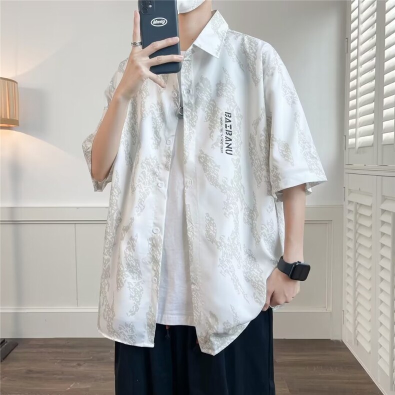 短袖衬衫男潮流ins休闲半袖衬衣大码胖子宽松冰丝透气CW12,男装衬衫,星座1116A-1（原606A）