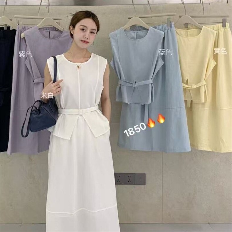 夏季新款两件套连衣裙女韩版设计感无袖上衣收腰显瘦中长裙子,女装连衣裙,雅鹿