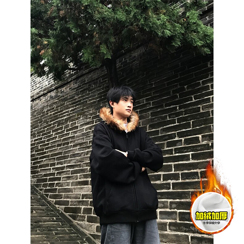 480G重磅加绒硬挺boxy秋冬美式高街超大毛领座山雕连帽卫衣厚外套,女装短外套,电商A486