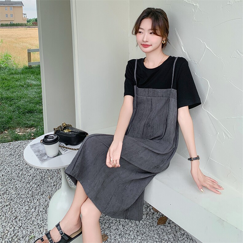 韩版宽松假两件连衣裙女夏季2025新款小个子通勤慵懒风拼接T恤裙,女装连衣裙,2C129
