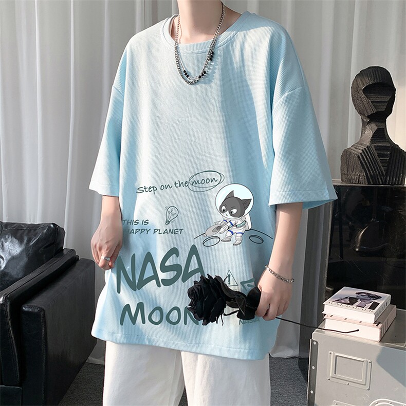 HT73187-P22NASA联名同款华夫格t恤男短袖男大码五分袖短句风,男装T恤,电商A040