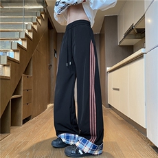 抖音品质夏季新款潮流格子撞色宽松冰丝裤B315-K25642-特p35控68，男装休闲裤，电商B315