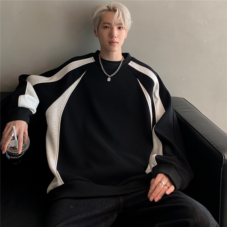 美式拼接圆领卫衣男春秋季撞色潮牌复古插肩袖青少年痞帅休闲外套，男装卫衣，电商C307